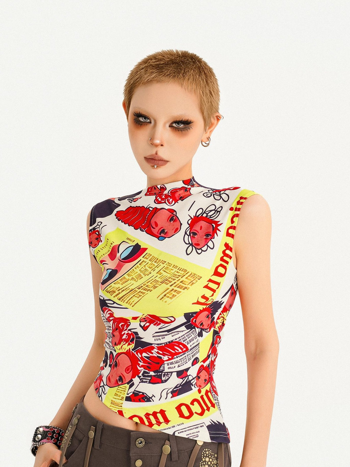 Nico Molly Comic Letter Fruit Print Slim Convertible A Line Narrow Strap Women&