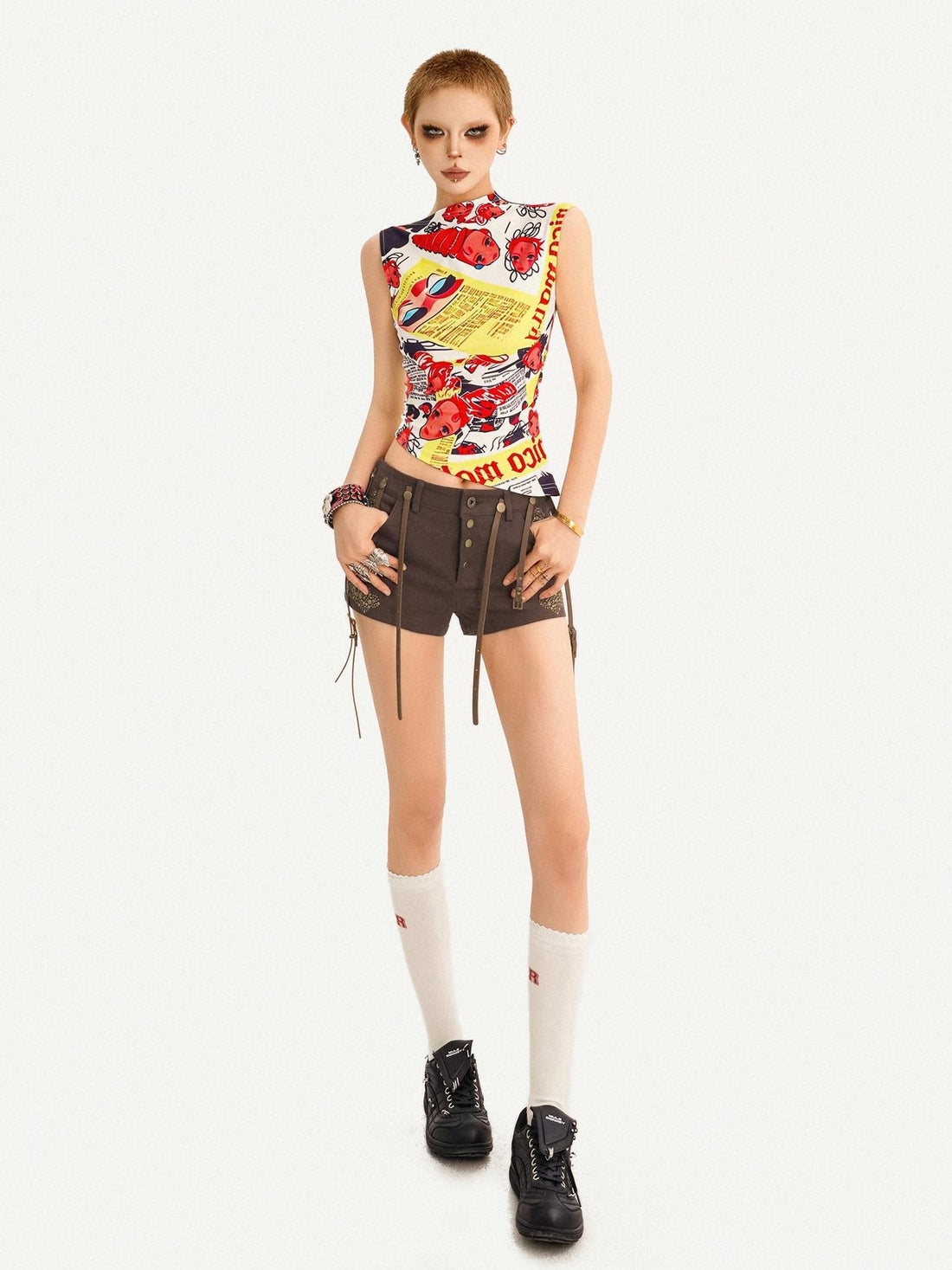 Nico Molly Comic Letter Fruit Print Slim Convertible A Line Narrow Strap Women&