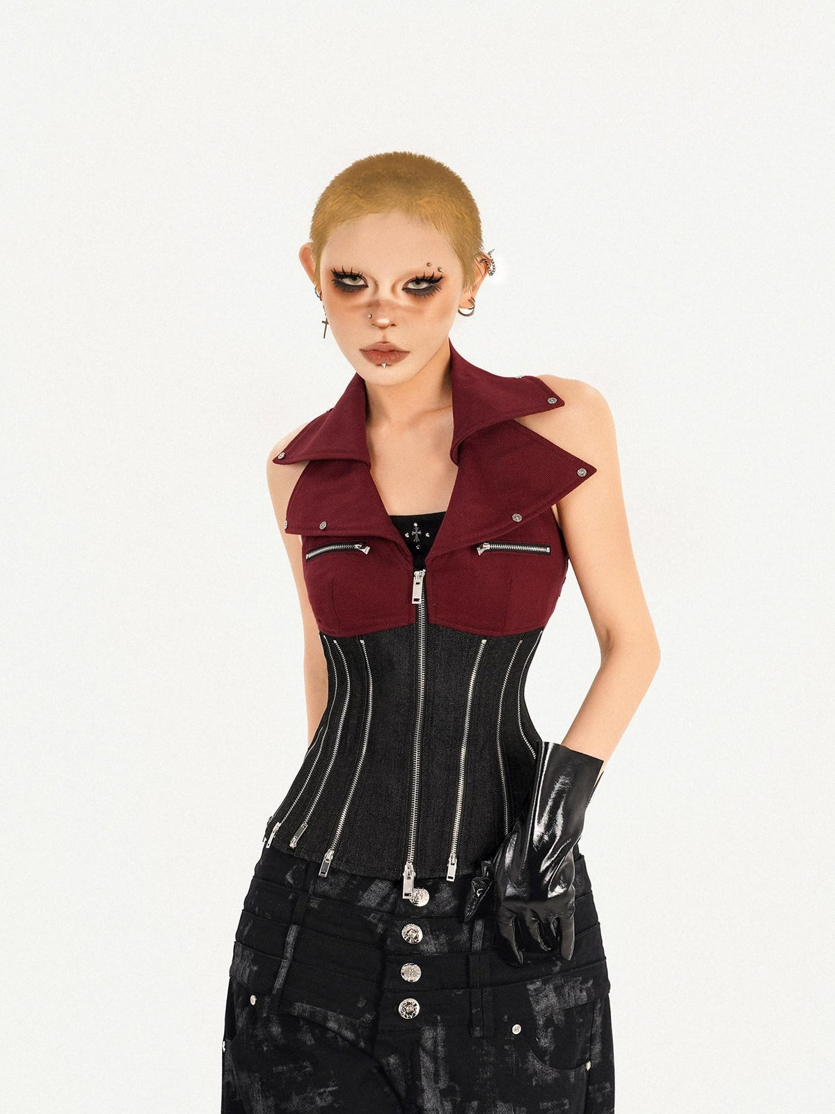 Nico Molly Contrast Zipper Chain Punk Halter Collar Women&