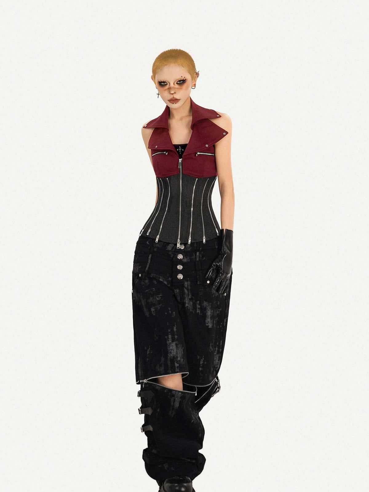 Nico Molly Contrast Zipper Chain Punk Halter Collar Women&