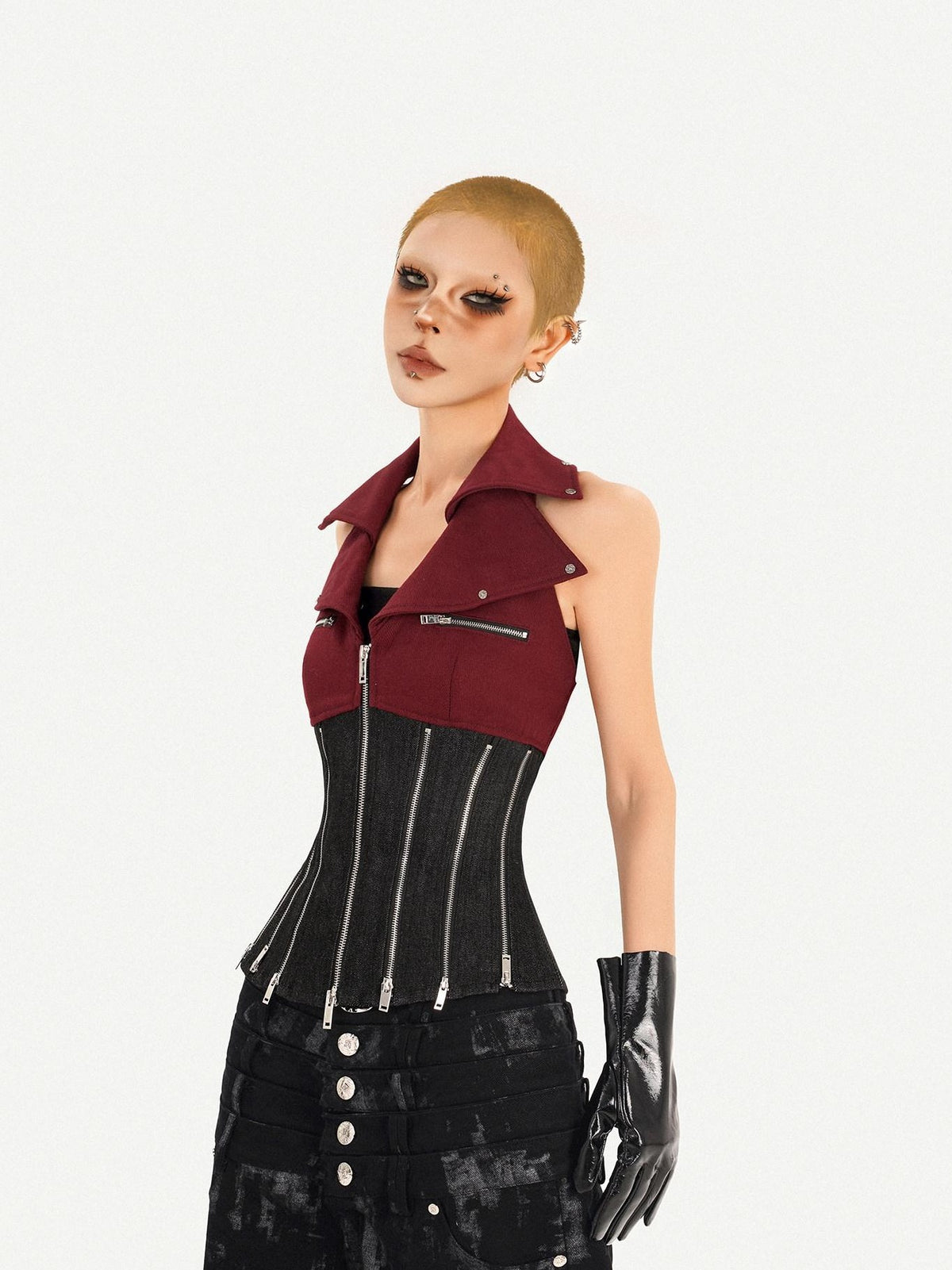 Nico Molly Contrast Zipper Chain Punk Halter Collar Women&