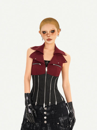 Nico Molly Contrast Zipper Chain Punk Halter Collar Women&