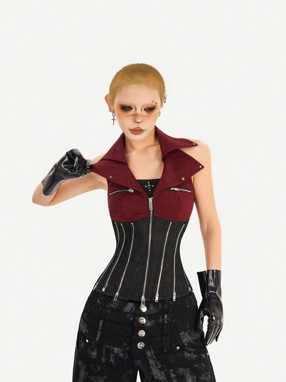 Nico Molly Contrast Zipper Chain Punk Halter Collar Women&