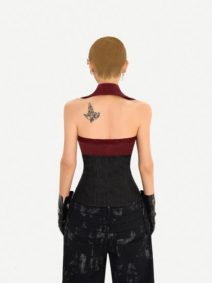Nico Molly Contrast Zipper Chain Punk Halter Collar Women&