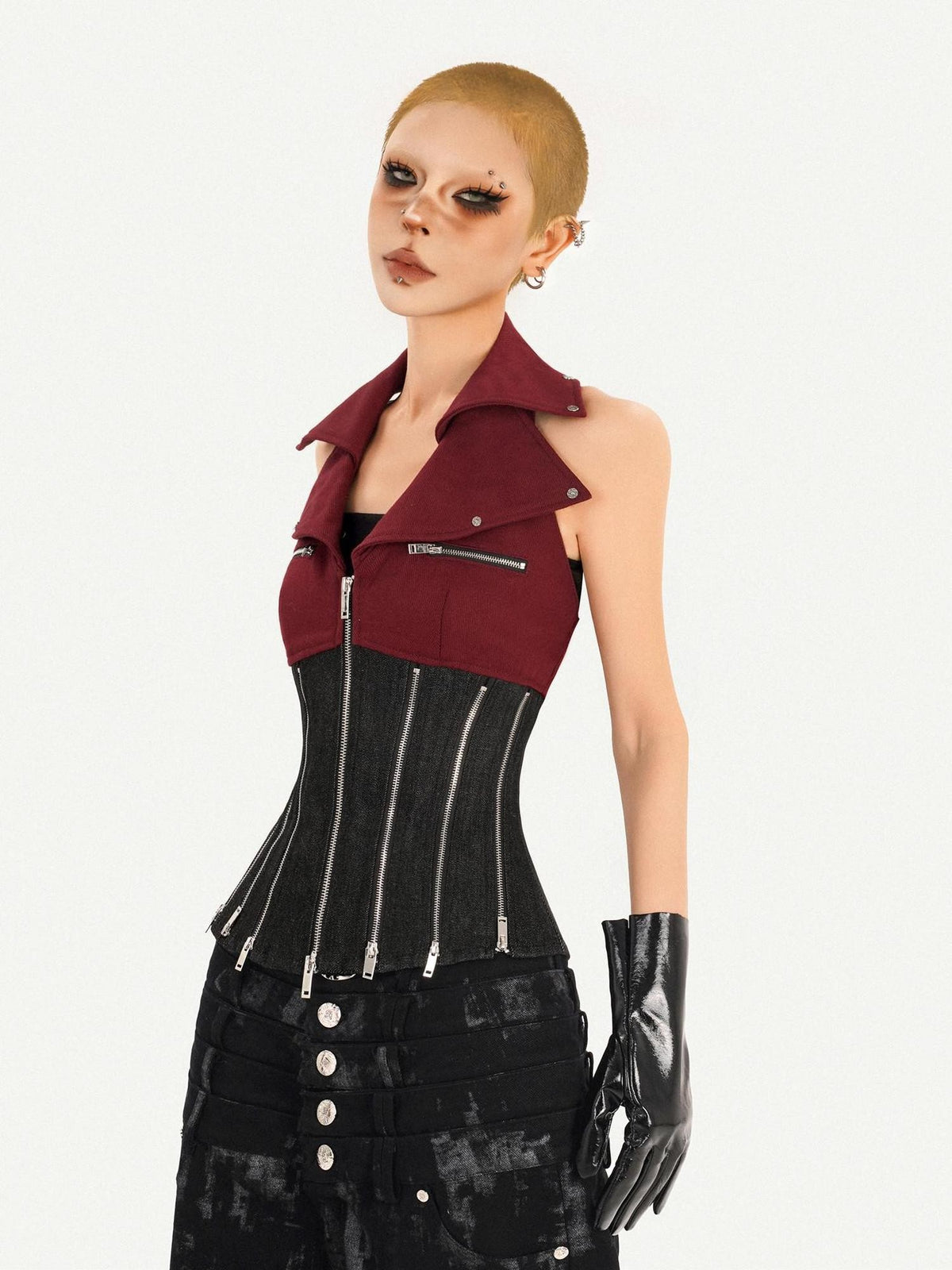 Nico Molly Contrast Zipper Chain Punk Halter Collar Women&