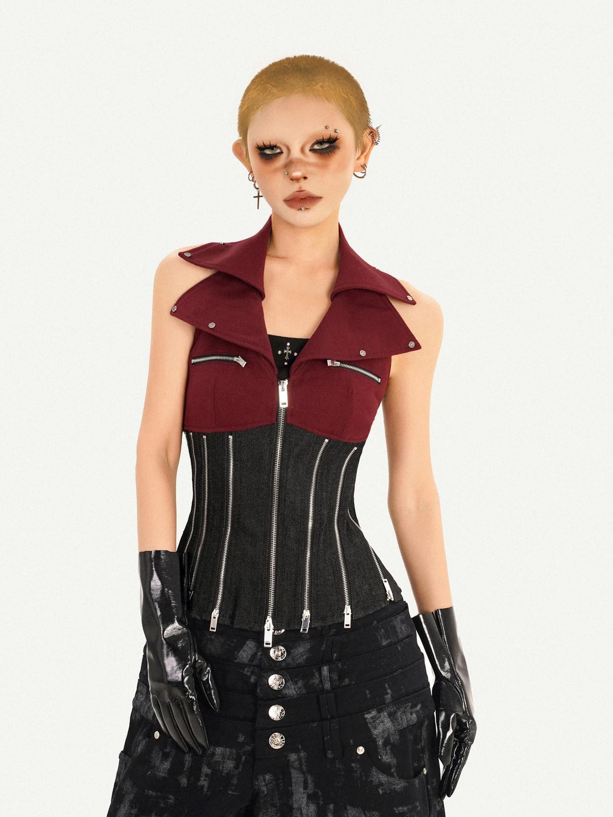 Nico Molly Contrast Zipper Chain Punk Halter Collar Women&