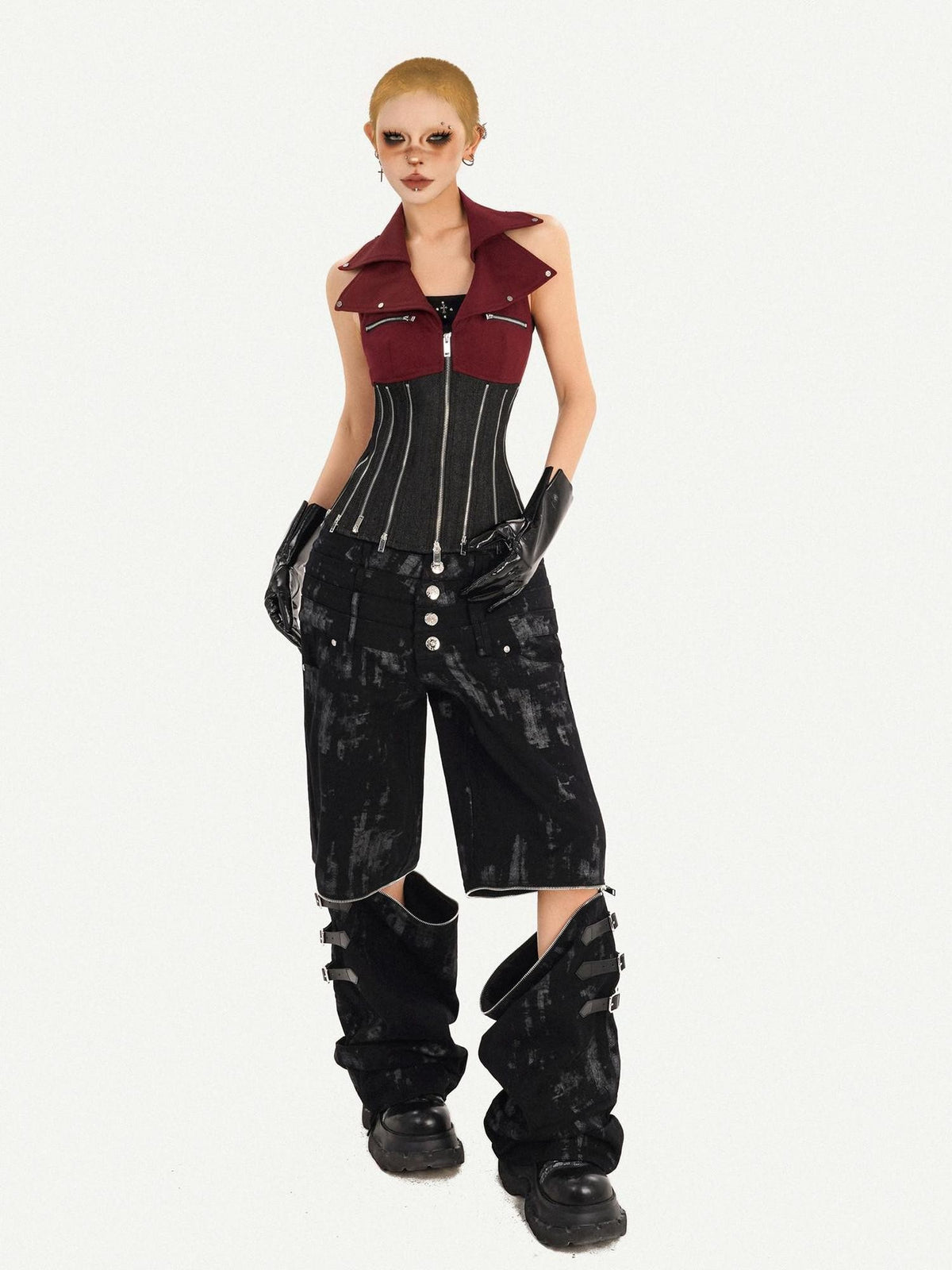 Nico Molly Contrast Zipper Chain Punk Halter Collar Women&