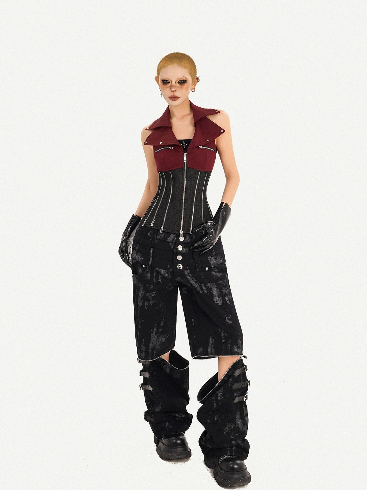 Nico Molly Contrast Zipper Chain Punk Halter Collar Women&