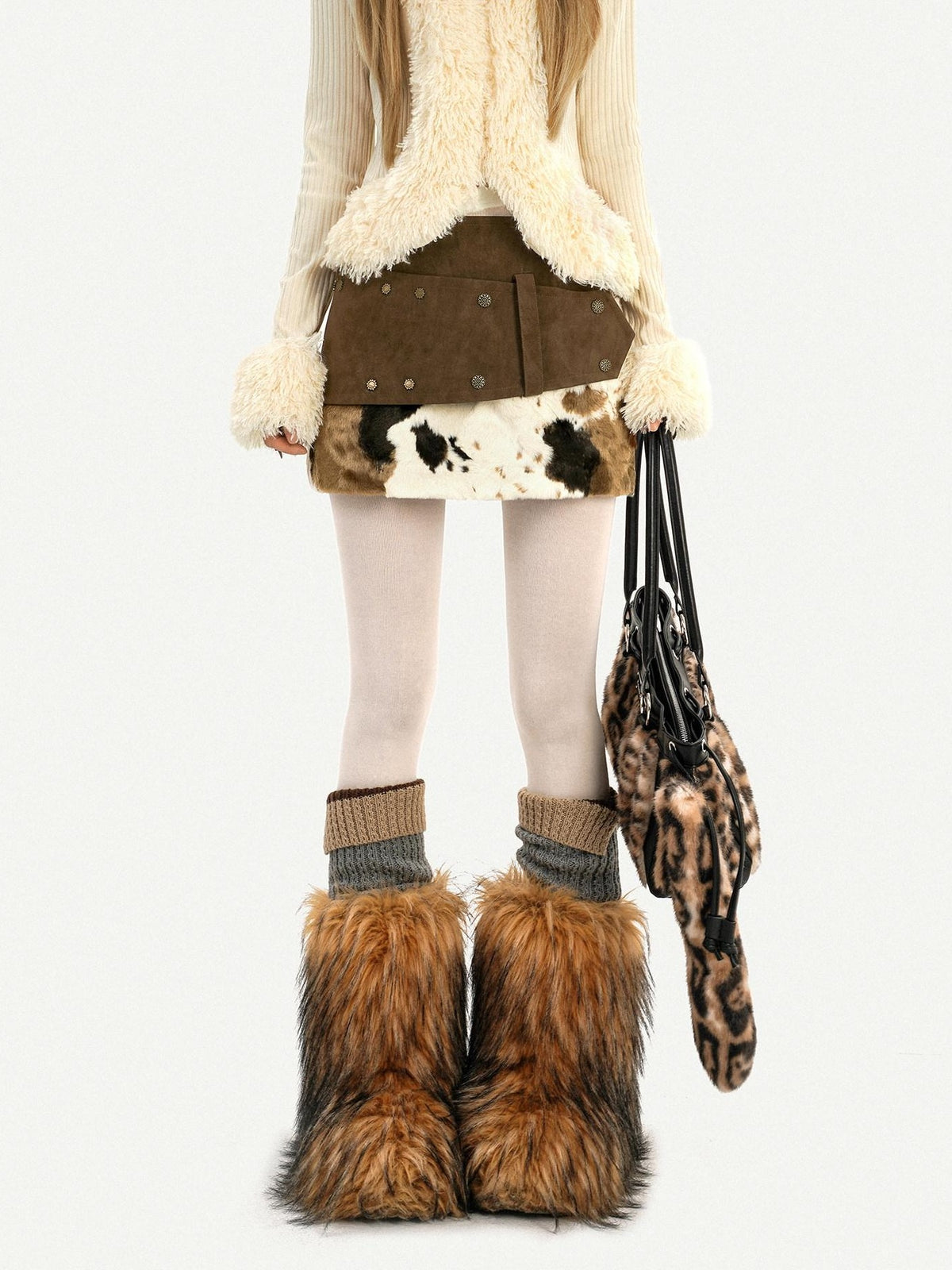 Nico Molly Cow Print Plush Patchwork Distressed Low Waist Women&