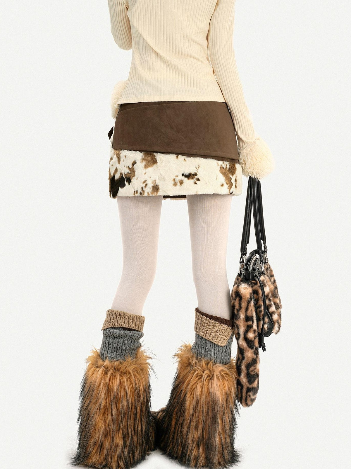 Nico Molly Cow Print Plush Patchwork Distressed Low Waist Women&