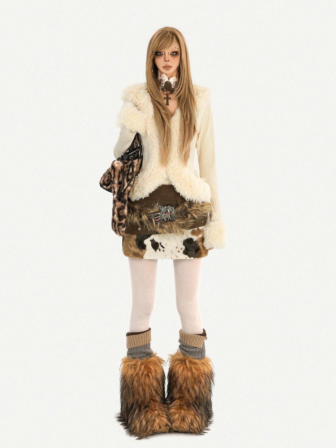 Nico Molly Cow Print Plush Patchwork Distressed Low Waist Women&