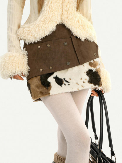 Nico Molly Cow Print Plush Patchwork Distressed Low Waist Women&
