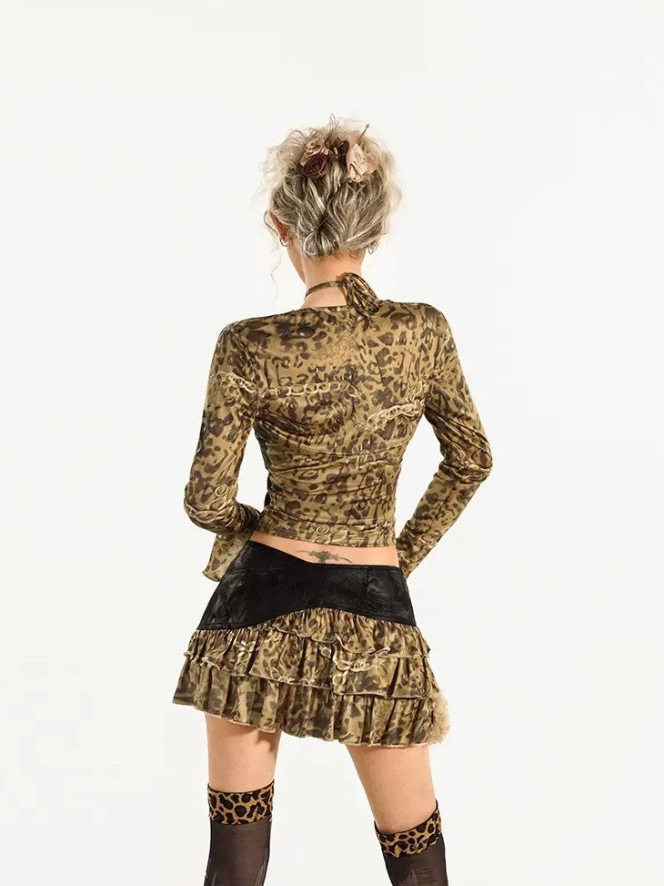 Nico Molly Cropped Leopard Print Slim Fit Long Sleeve Street Women&