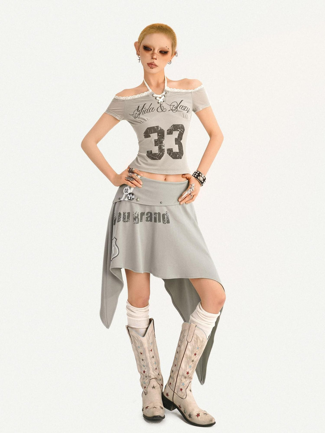 Nico Molly Cropped Off Shoulder Halter Printed Alphanumeric Women&