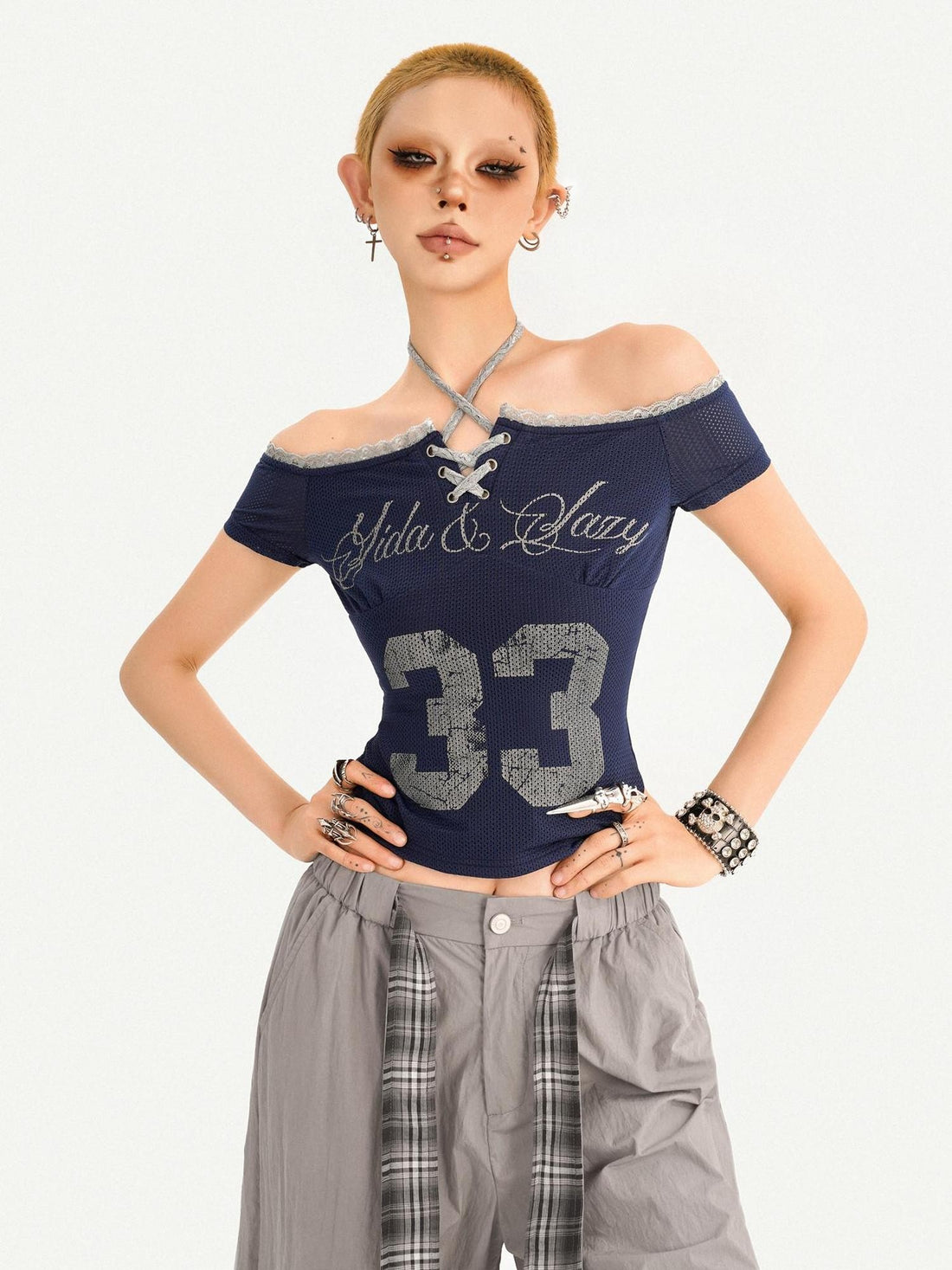 Nico Molly Cropped Off Shoulder Halter Printed Alphanumeric Women&