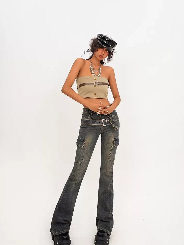 Nico Molly Cropped Vintage Workwear Wrap Chest Backless Slim Fit Women&