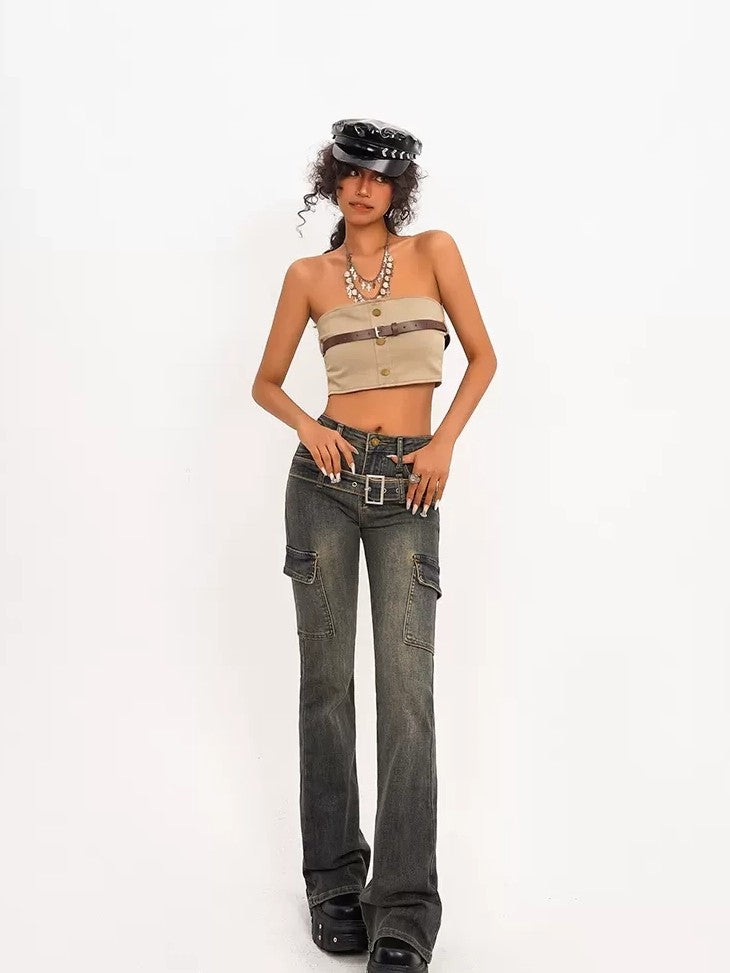 Nico Molly Cropped Vintage Workwear Wrap Chest Backless Slim Fit Women&