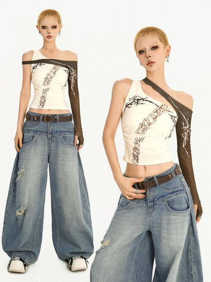 Nico Molly Cross Print Asymmetric Shoulder Splice Women&