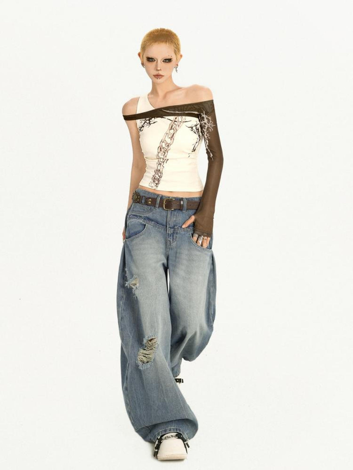Nico Molly Cross Print Asymmetric Shoulder Splice Women&
