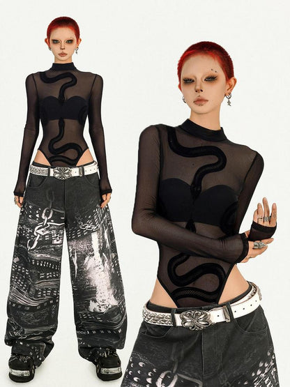 Nico Molly Cyberpunk Black Sheer Fitted Low Waist Padded Women&
