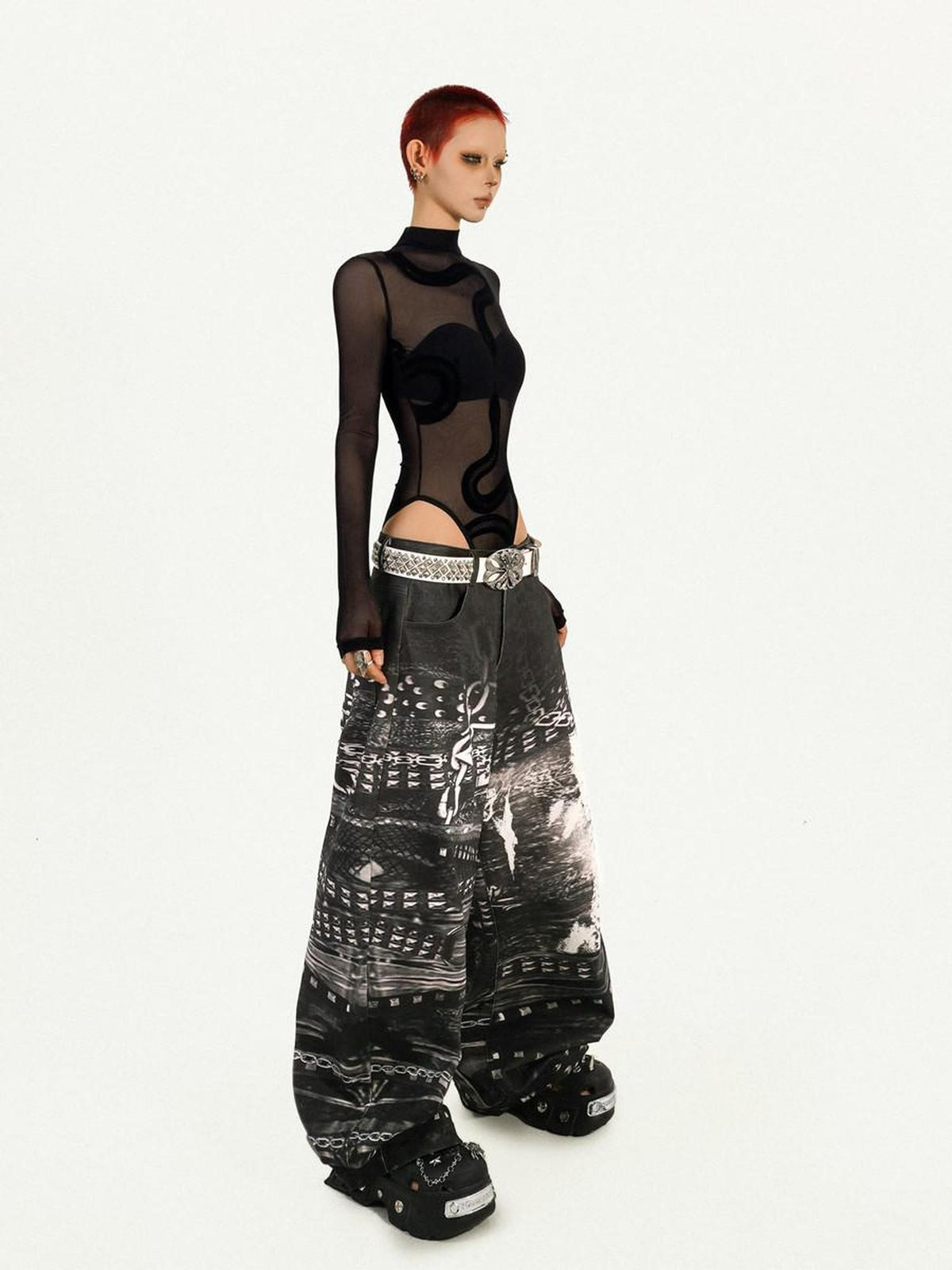 Nico Molly Cyberpunk Black Sheer Fitted Low Waist Padded Women&
