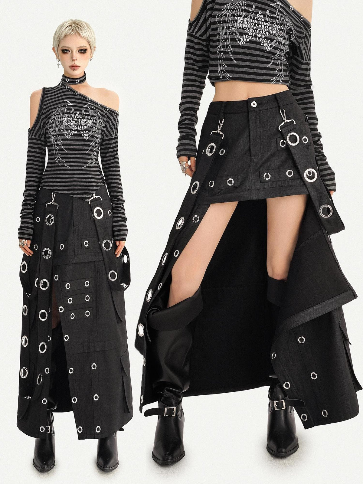 Nico Molly Cyberpunk Deconstructed Beaded Metal Ring Side Slit Women&