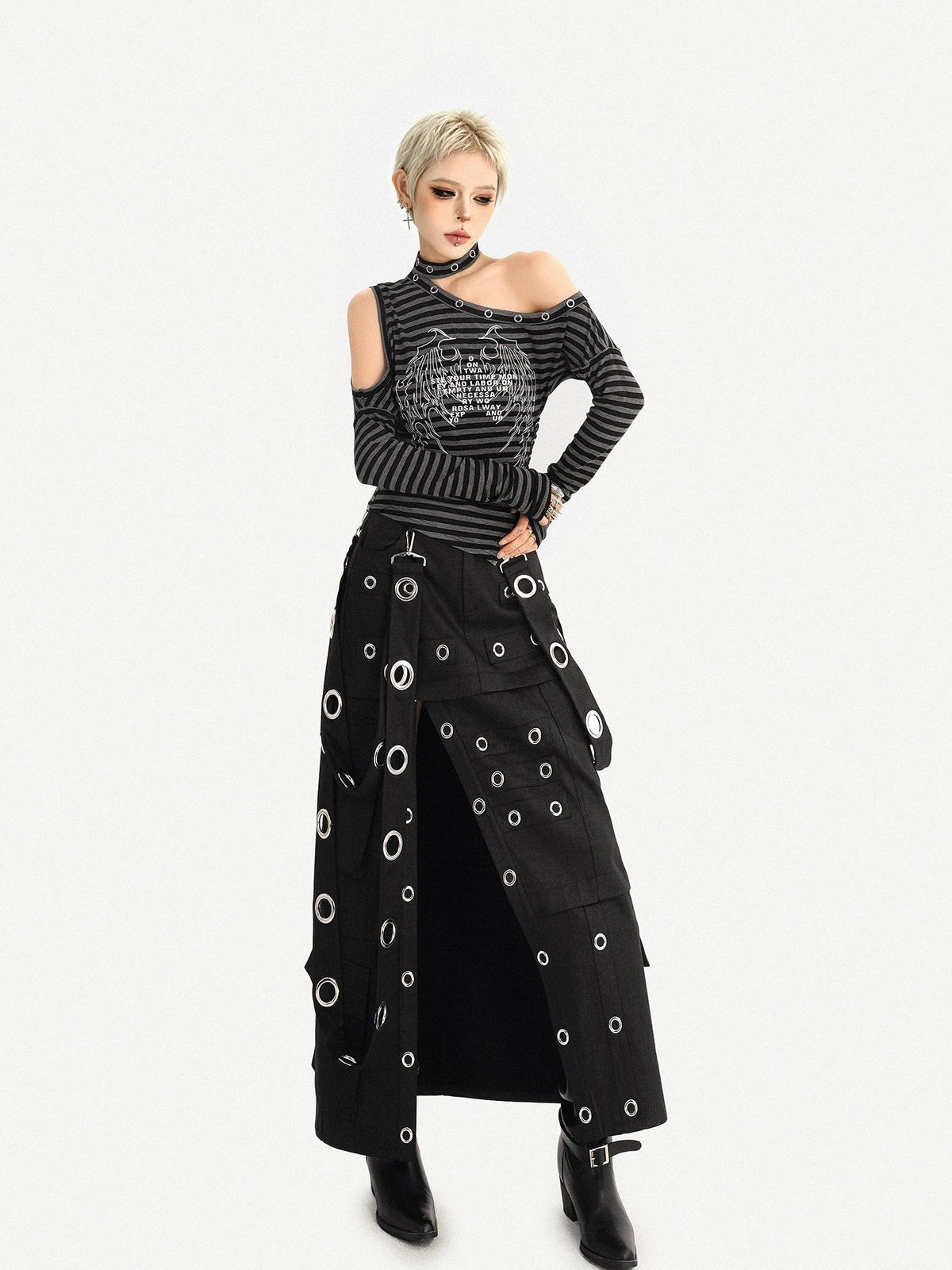 Nico Molly Cyberpunk Deconstructed Beaded Metal Ring Side Slit Women&