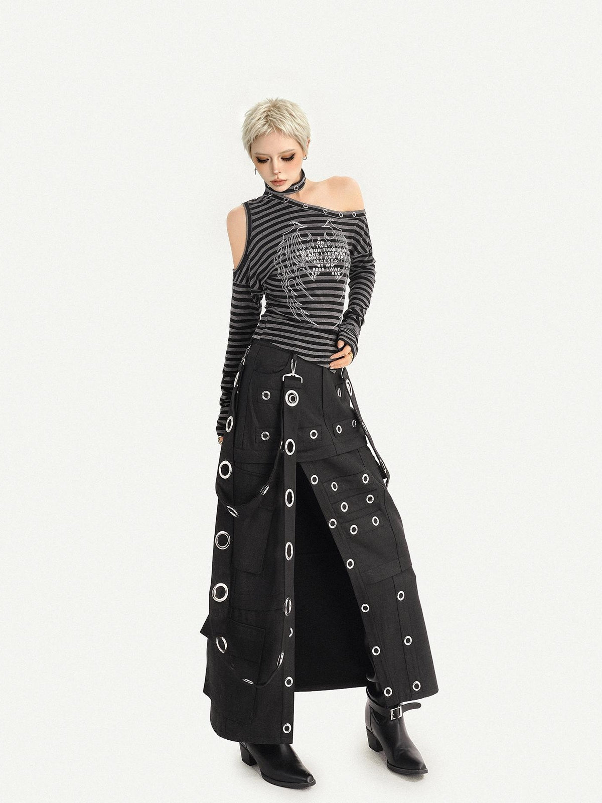 Nico Molly Cyberpunk Deconstructed Beaded Metal Ring Side Slit Women&