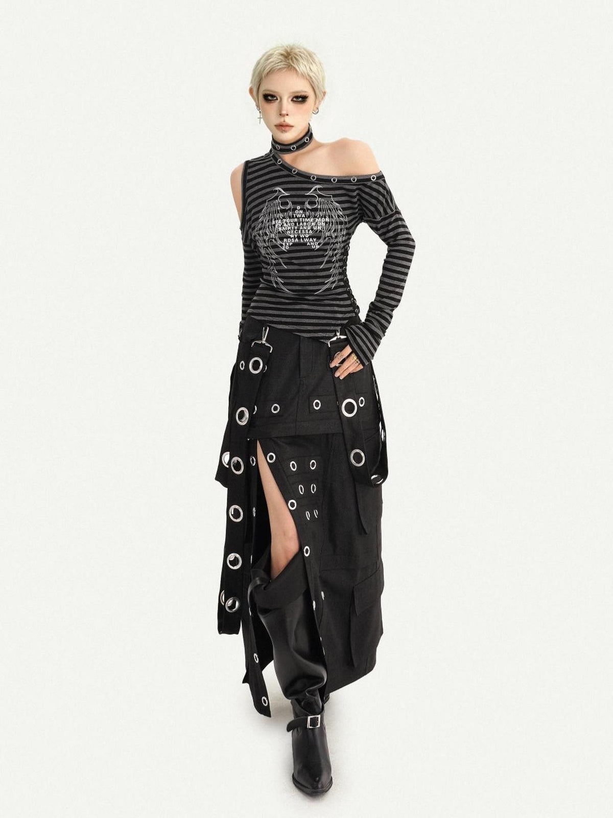 Nico Molly Cyberpunk Deconstructed Beaded Metal Ring Side Slit Women&