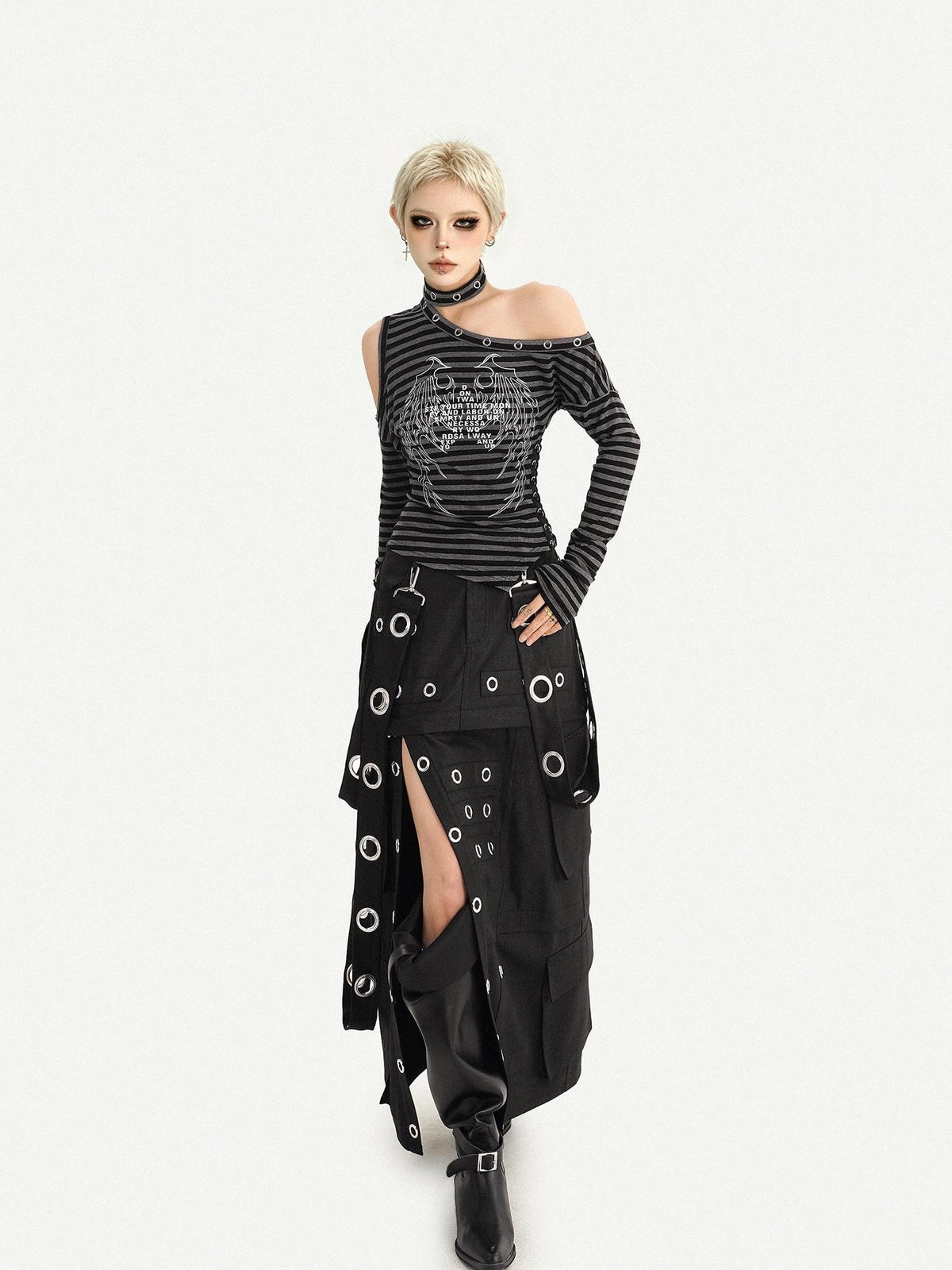 Nico Molly Cyberpunk Deconstructed Beaded Metal Ring Side Slit Women&