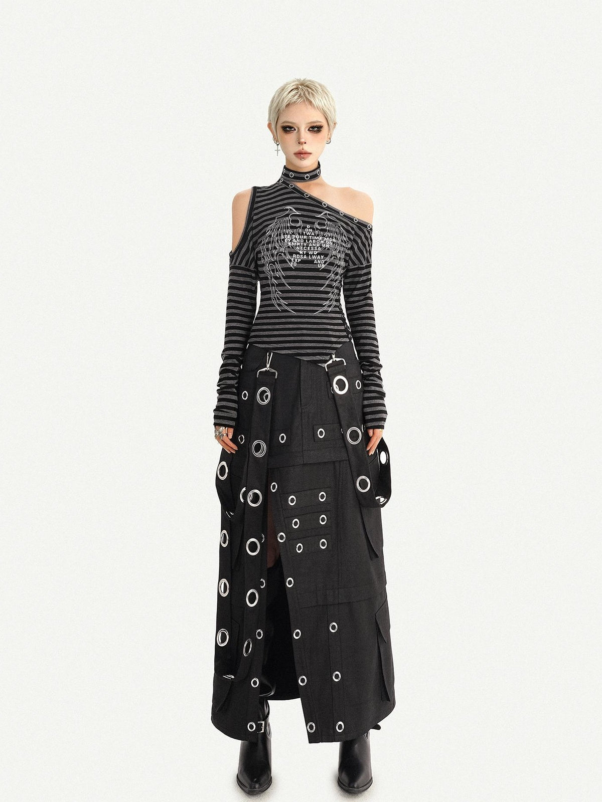 Nico Molly Cyberpunk Deconstructed Beaded Metal Ring Side Slit Women&