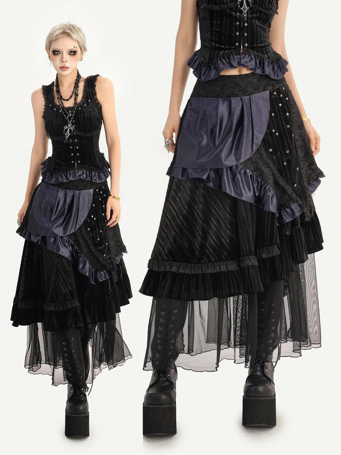 Nico Molly Dark Asymmetrical Multi Layer Patchwork High Waist Women&