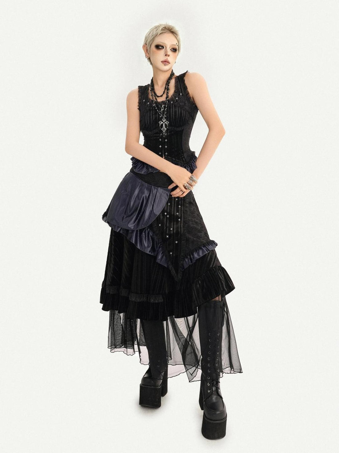 Nico Molly Dark Asymmetrical Multi Layer Patchwork High Waist Women&
