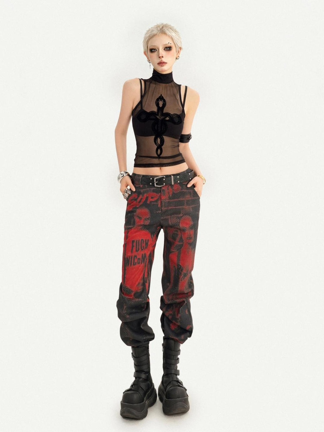 Nico Molly Dark Goth Snake Print High Neck Slim Short Two Piece Women&