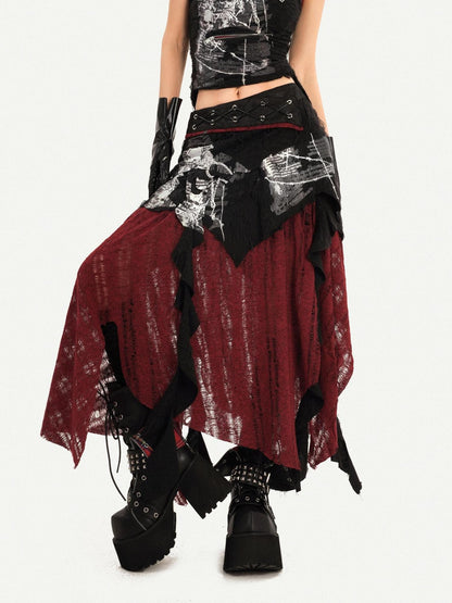 Nico Molly Dark Gothic Asymmetrical A Line Colorblock High Waist Women&