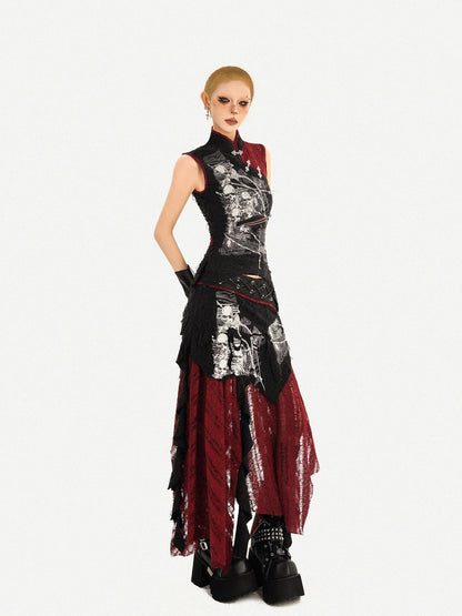 Nico Molly Dark Gothic Asymmetrical A Line Colorblock High Waist Women&