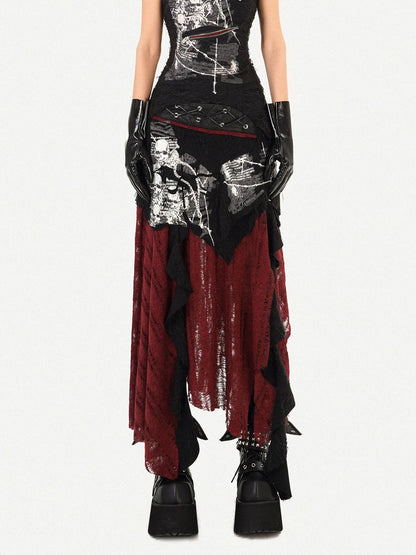 Nico Molly Dark Gothic Asymmetrical A Line Colorblock High Waist Women&