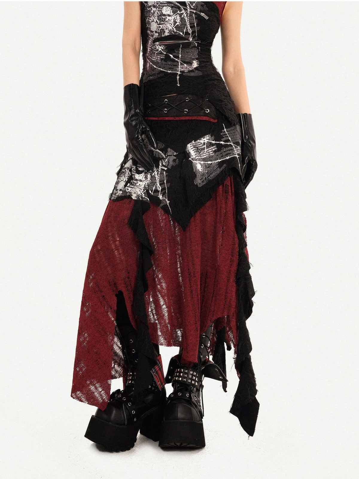 Nico Molly Dark Gothic Asymmetrical A Line Colorblock High Waist Women&