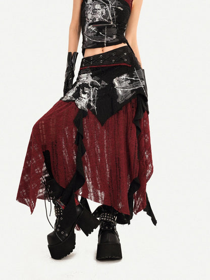 Nico Molly Dark Gothic Asymmetrical A Line Colorblock High Waist Women&