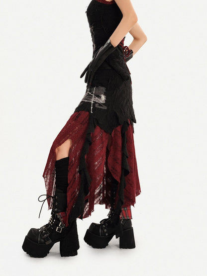 Nico Molly Dark Gothic Asymmetrical A Line Colorblock High Waist Women&