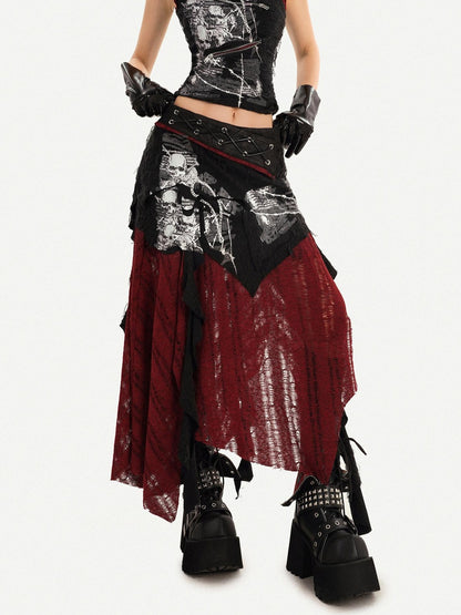 Nico Molly Dark Gothic Asymmetrical A Line Colorblock High Waist Women&