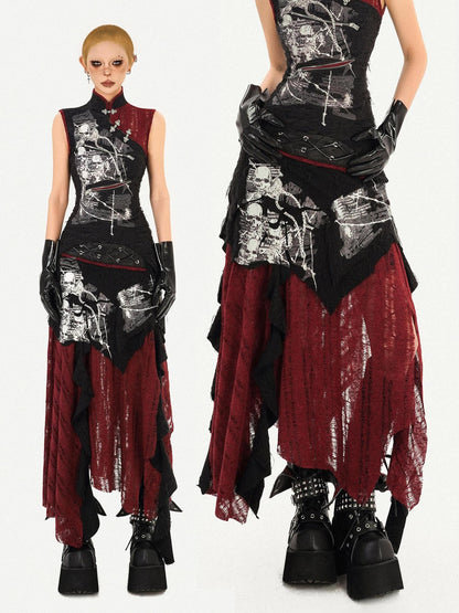 Nico Molly Dark Gothic Asymmetrical A Line Colorblock High Waist Women&