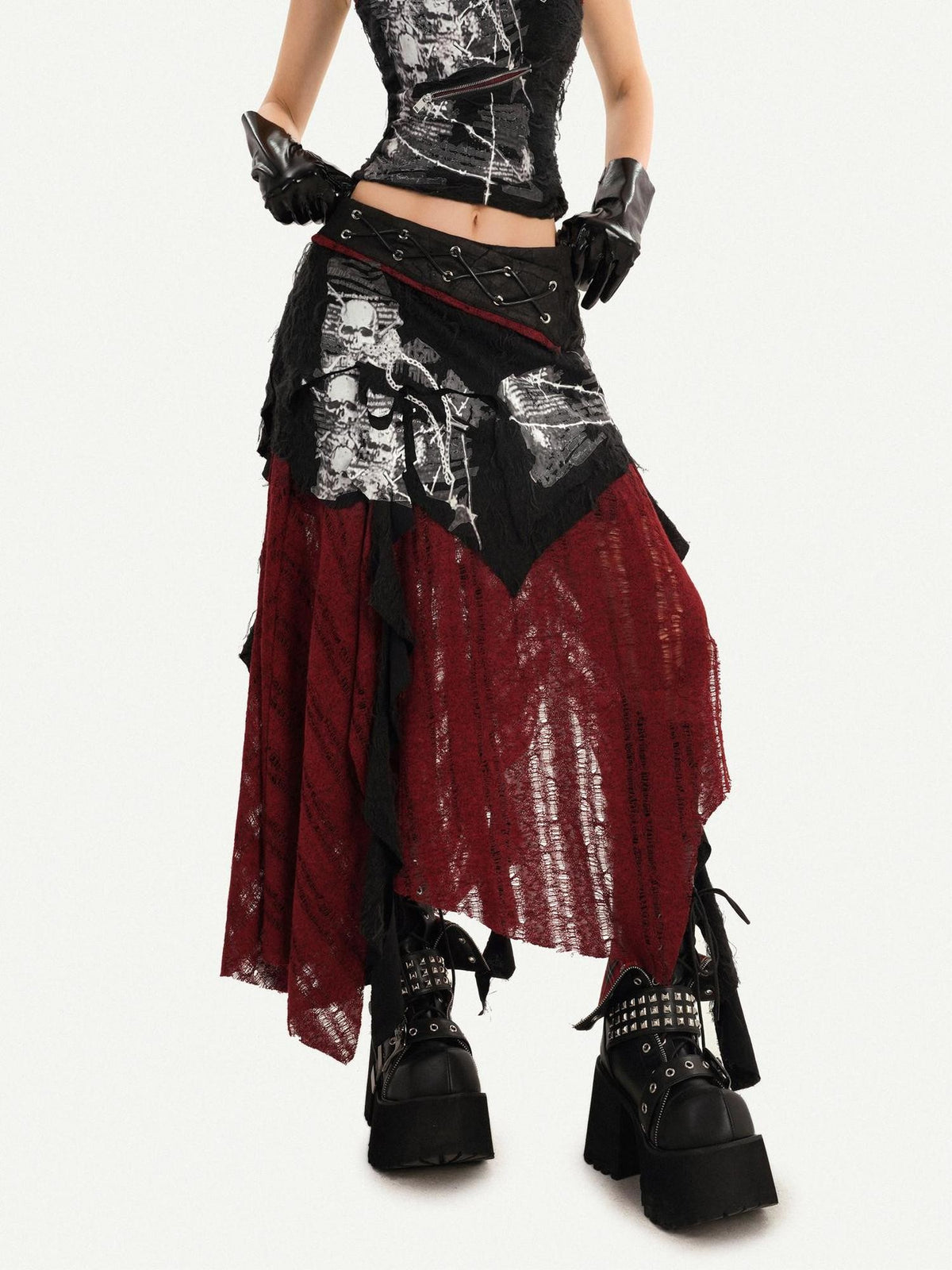 Nico Molly Dark Gothic Asymmetrical A Line Colorblock High Waist Women&