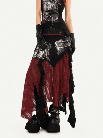 Nico Molly Dark Gothic Asymmetrical A Line Colorblock High Waist Women&