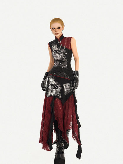 Nico Molly Dark Gothic Asymmetrical A Line Colorblock High Waist Women&