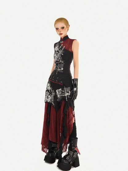 Nico Molly Dark Gothic Asymmetrical A Line Colorblock High Waist Women&