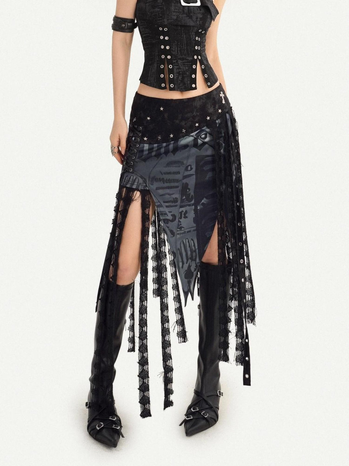 Nico Molly Dark Gothic Asymmetrical Mesh Spliced Tassel Women&
