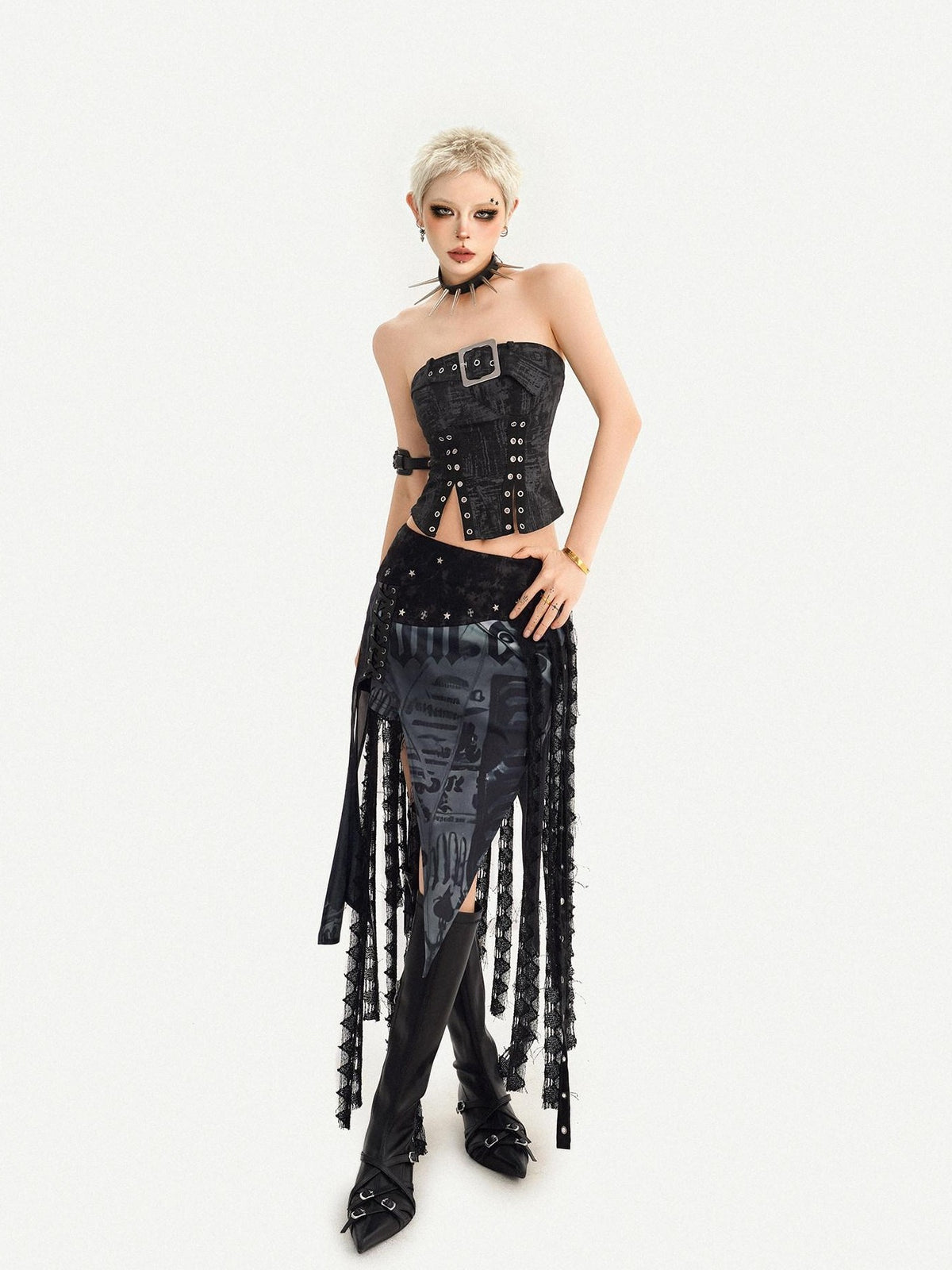 Nico Molly Dark Gothic Asymmetrical Mesh Spliced Tassel Women&