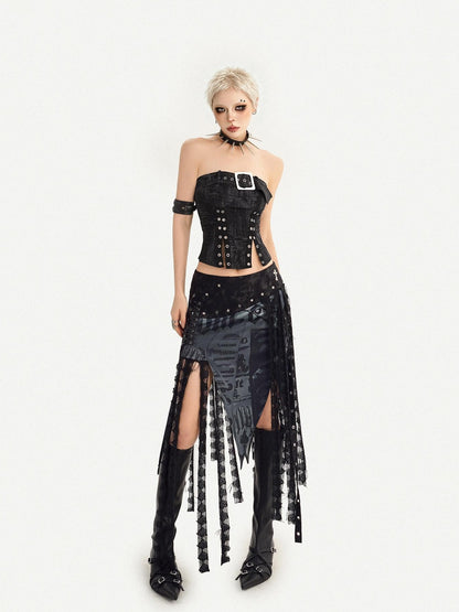 Nico Molly Dark Gothic Asymmetrical Mesh Spliced Tassel Women&