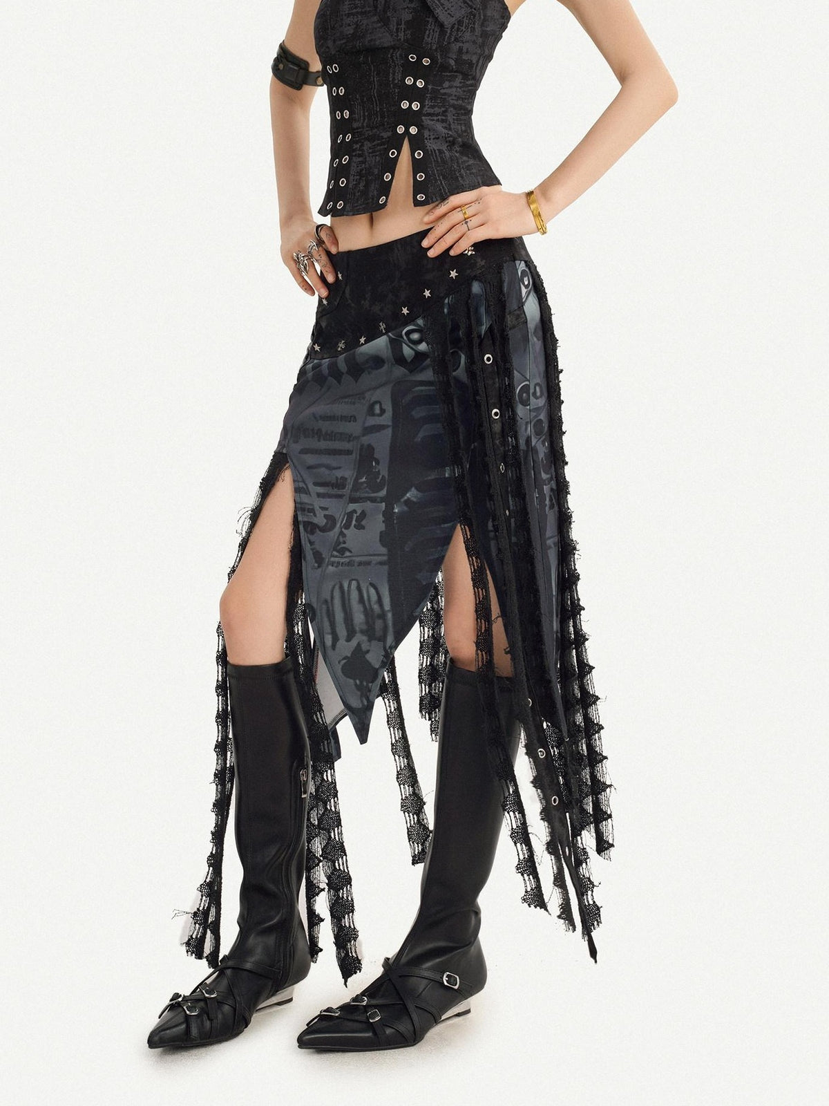 Nico Molly Dark Gothic Asymmetrical Mesh Spliced Tassel Women&